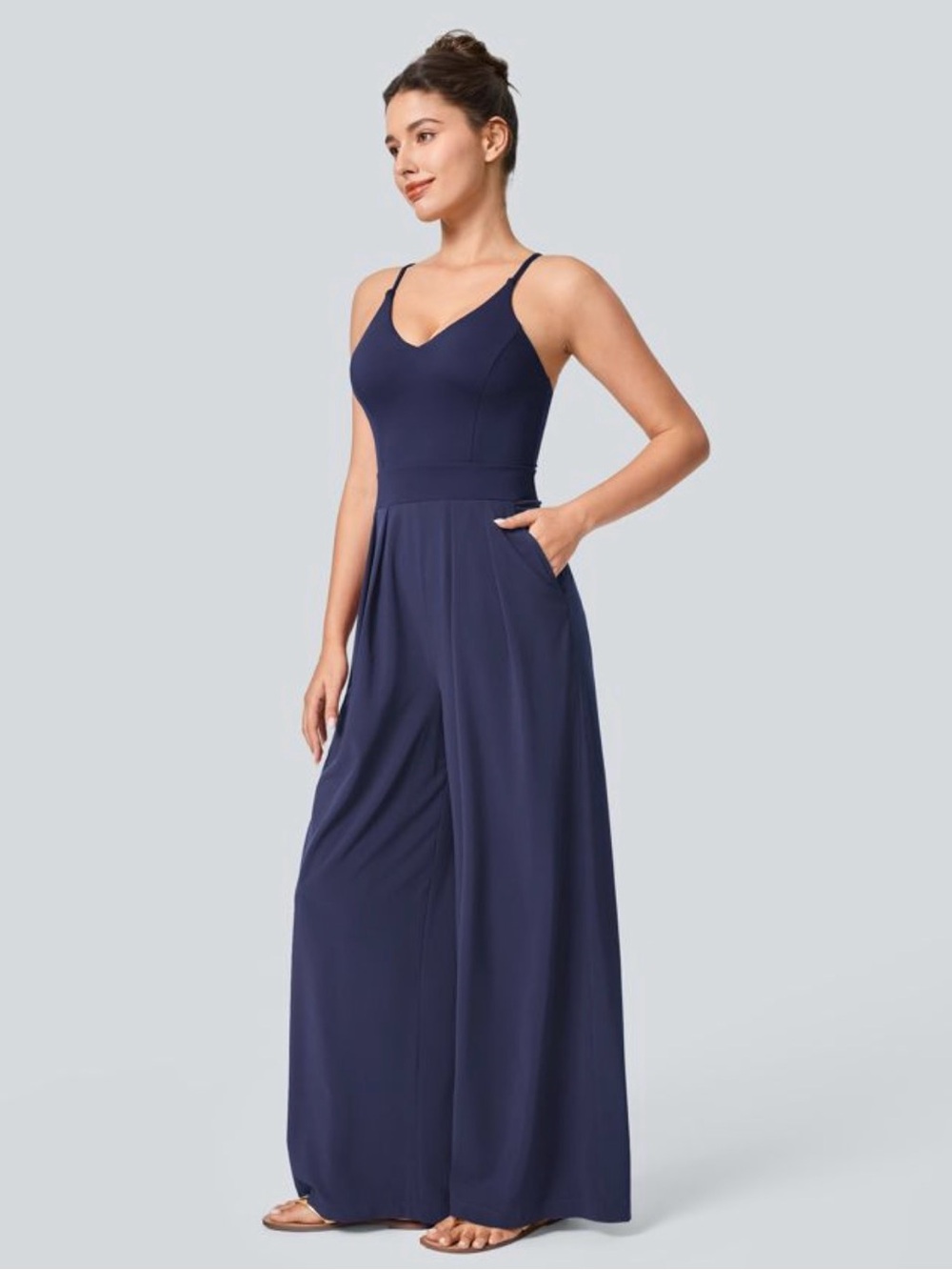 Halara Navy Blue V Neck Wide Leg Jumpsuit Pockets M Regular NWOT